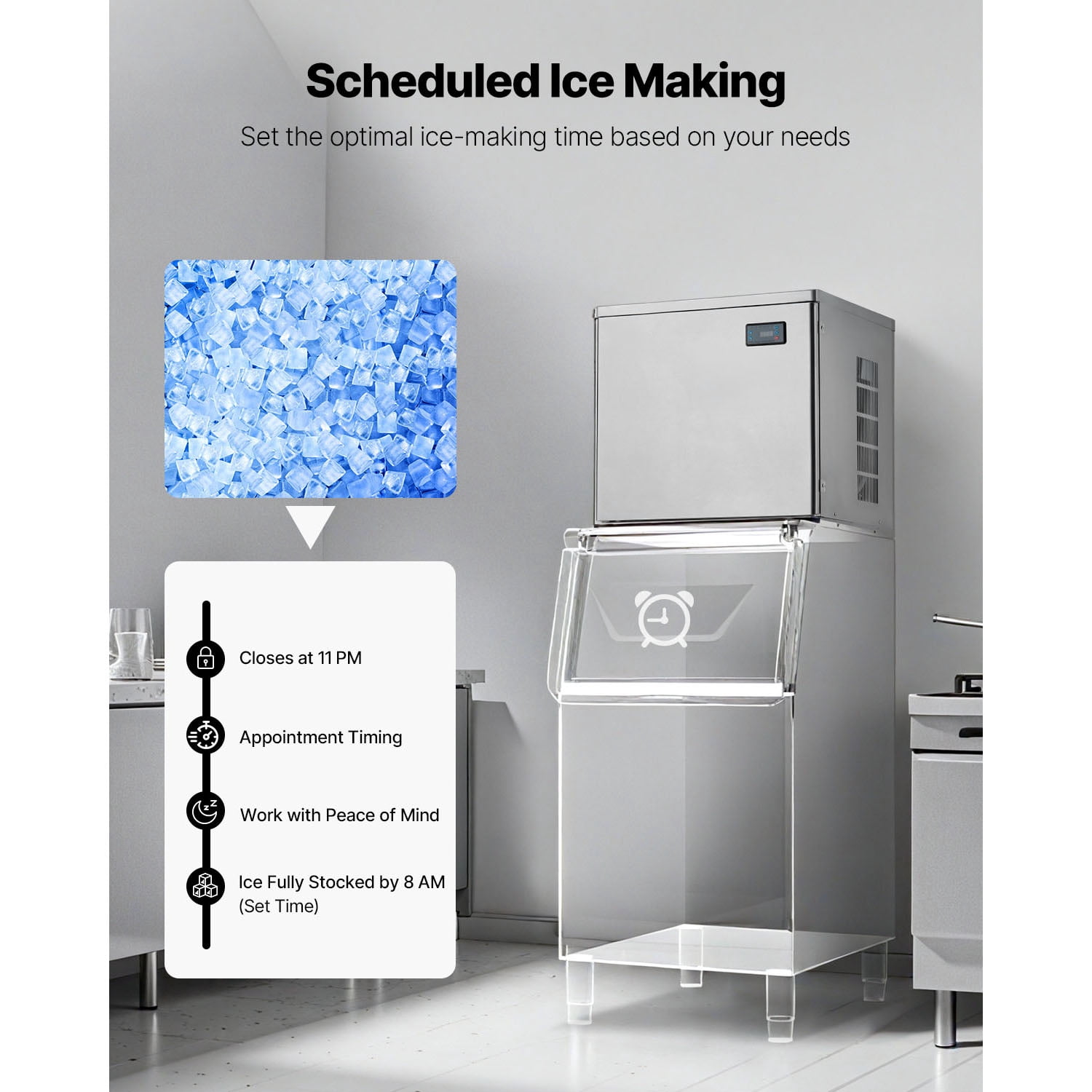 KFFKFF Commercial Ice Maker Machine - 450 Lbs/Day Stainless Steel Ice Machine with Programmable Ice-Making, Self-Cleaning Function, Adjustable Ice Thickness, Suitable for Restaurants, Bars, Cafes