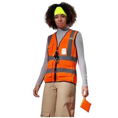 A-SAFETY High Vis Safety Vest for Women - Reflective Strips, Multi-Pockets, Zipper Closure