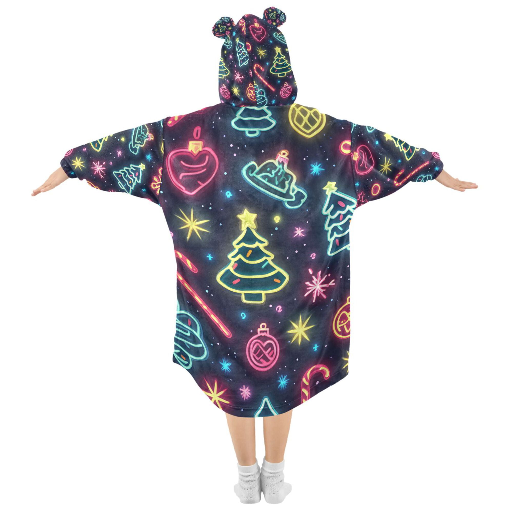 FORMRS Wearable Blanket Hoodie with Sleeves for Kids Cozy Flannel Sweatshirt, Neon Christmas