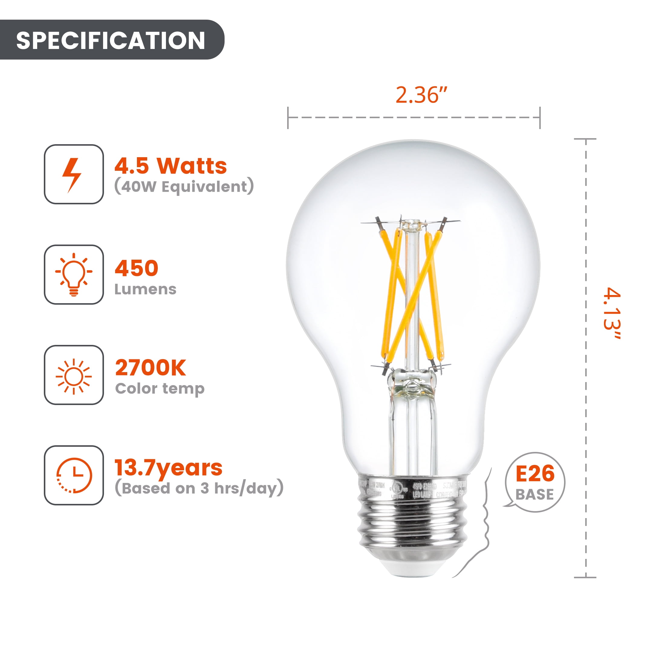 Better Homes & Gardens A15 LED Light Bulbs, E26 Medium Base, 40W Equivalent, Clear Glass, Soft White 2700K, Dimmable, 2-Pack