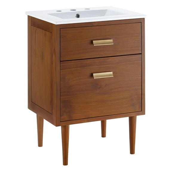 Ergode 24" Teak Wood Bathroom Vanity with Brass Hardware and Ceramic Sink Basin