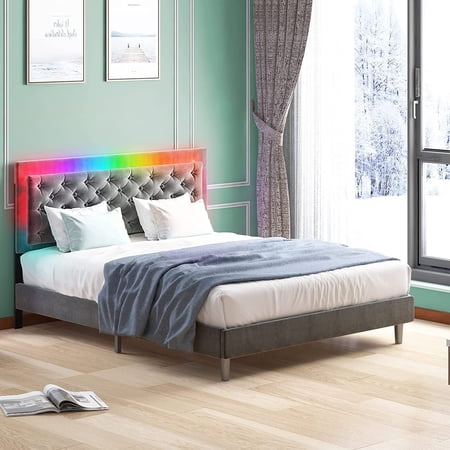 BALUS King Bed Frame with RGB LED Headboard  Velvet Upholstered Platform  Music Sync Color Changing Controlled by App  Compatible with Alexa  Easy Assembly(Light Gray)