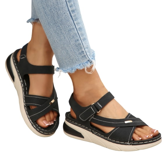 Rokment Comfortable Ortho Walking Sandals for Women Plantar Fasciitis Beach Summer Casual Leather Buckles Open Toe Memory Foam Non Slip Nursing Work Shoes Black Size 6