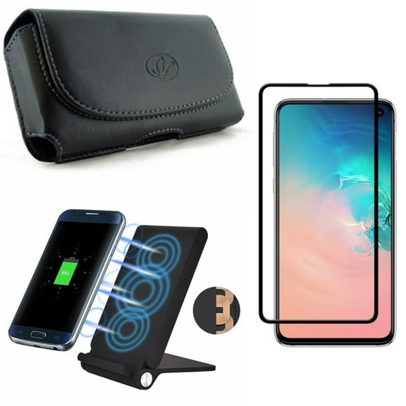 Galaxy S10e Screen Protector w Case Belt Clip w Wireless Charger - Tempered Glass 5D Curved Edge, Leather Holster Cover, 10W Fast Folding Stand for Samsung Galaxy S10e Phone