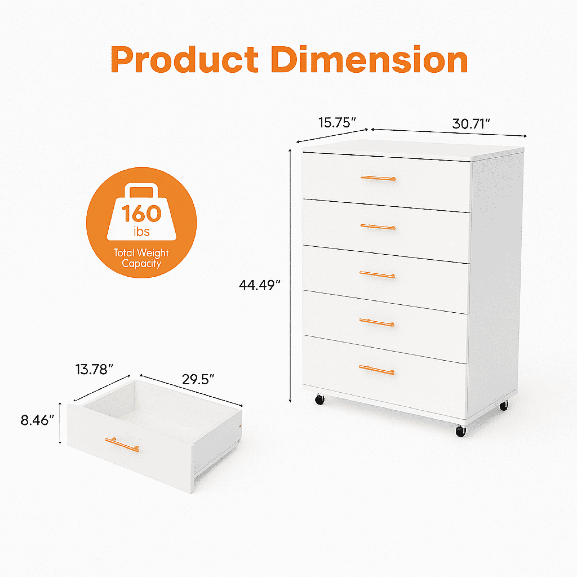 5 Drawer Dresser for Bedroom,Modern Wood Storage Cabinet with Gold Handles,Tall Chest of Drawers for Living Room,Hallway,Entryway,White