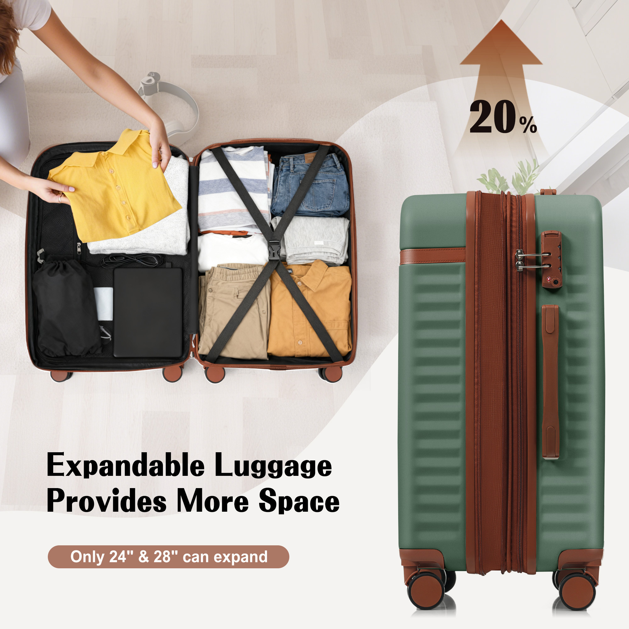 Euroco 3 Piece Front Opening Luggage Set, Hardshell Expandable Carry on Suitcase with Spinner Wheels,USB Port & TSA Lock, Lightweight Luggage for Travel,20in/24in/28in,Green