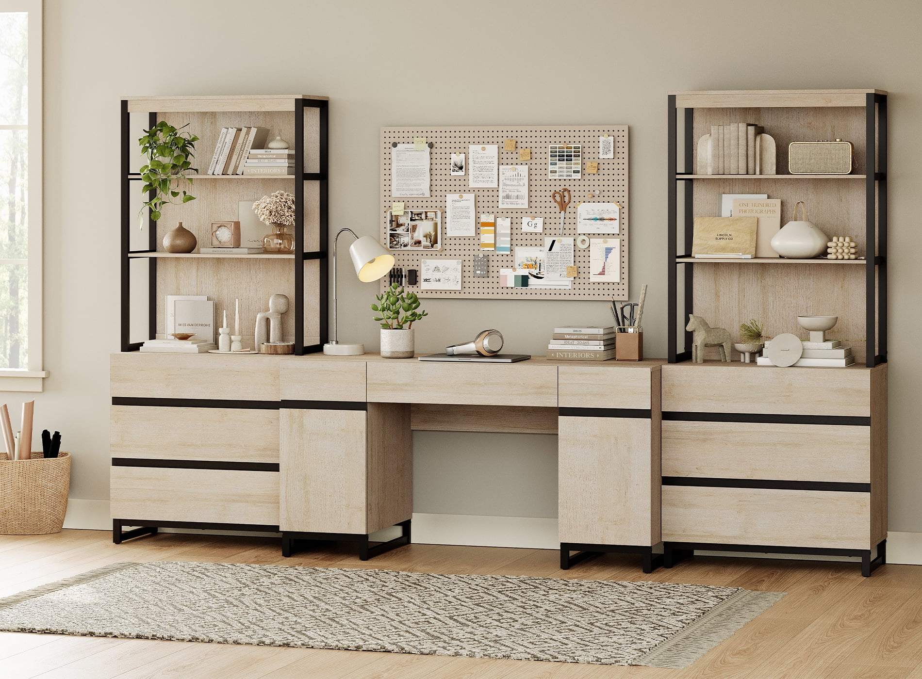 WAMPAT Home Office Furniture Set: 59" Executive Desk with Charging Station and Storage Cabinet, 72" Tall Bookcase with 6 Drawers, Modern Computer Desk and Library Shelf for Work Study, Beige