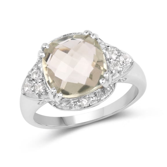 Genuine Cushion Prasiolite (Green Amethyst) and White Topaz Ring in Sterling Silver - Size 9.00