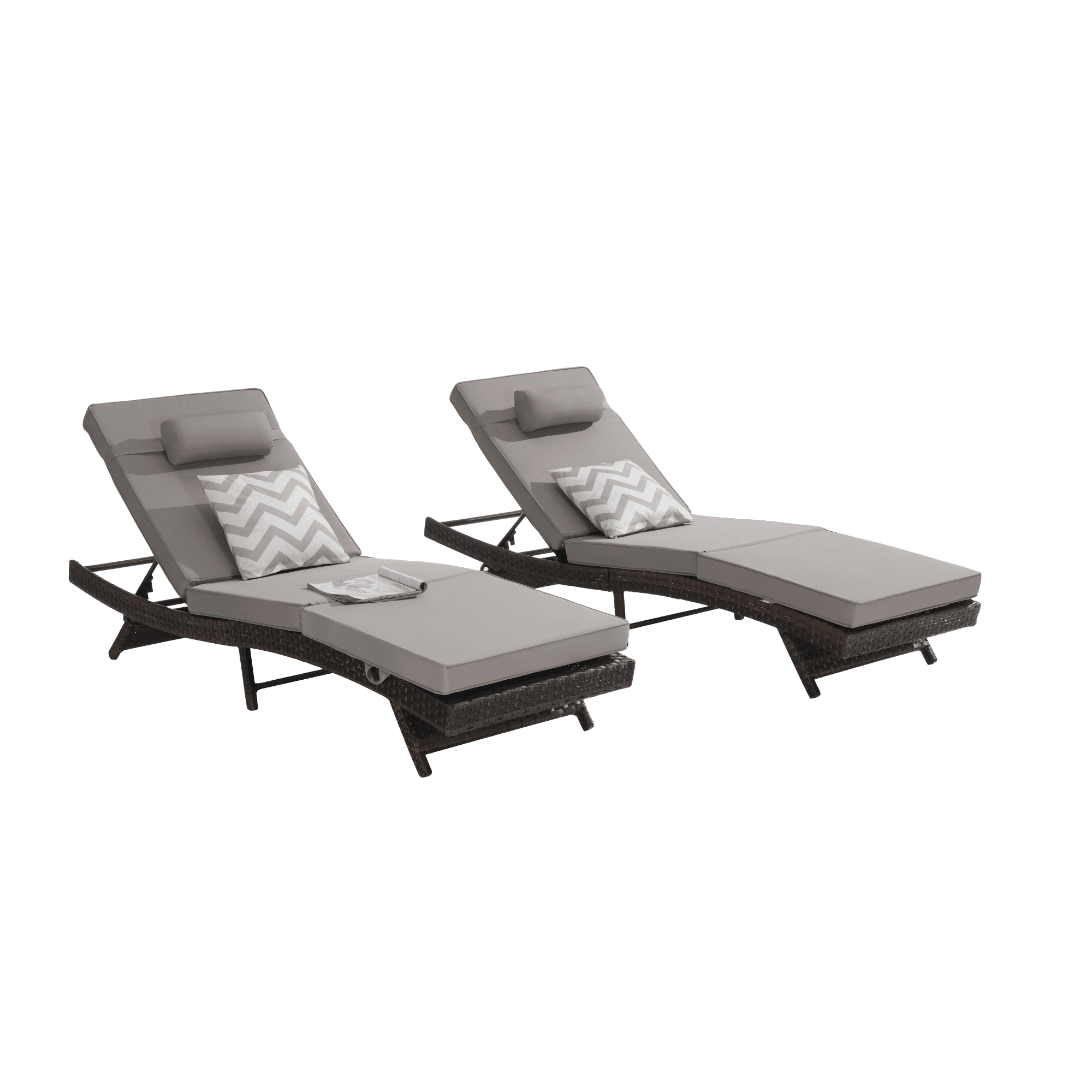 Leumius Outdoor Chaise Lounge Chair Set of 2,Wicker Long Reclining Chair with Cushions and Backrest Adjustable to 150° for Outside Pool Patio,Light Gray