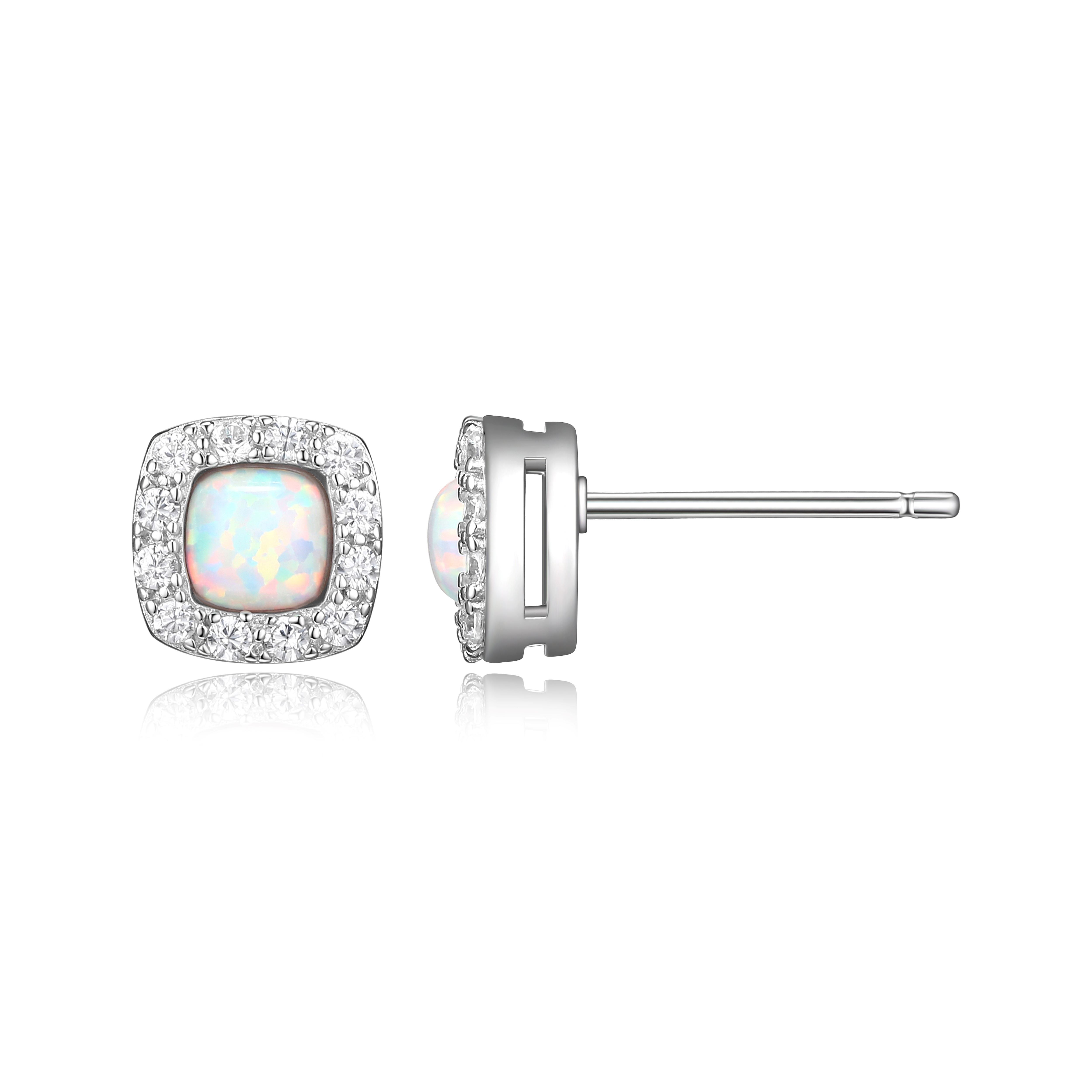 Forever Facets Women's Platinum over Sterling Silver Created Opal and CZ Stud Earrings