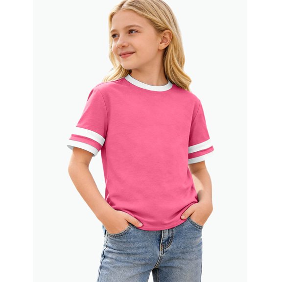 REDARER Girls Ringer Striped Short Sleeve T-Shirt Casual School Daily Top,12-13 Years
