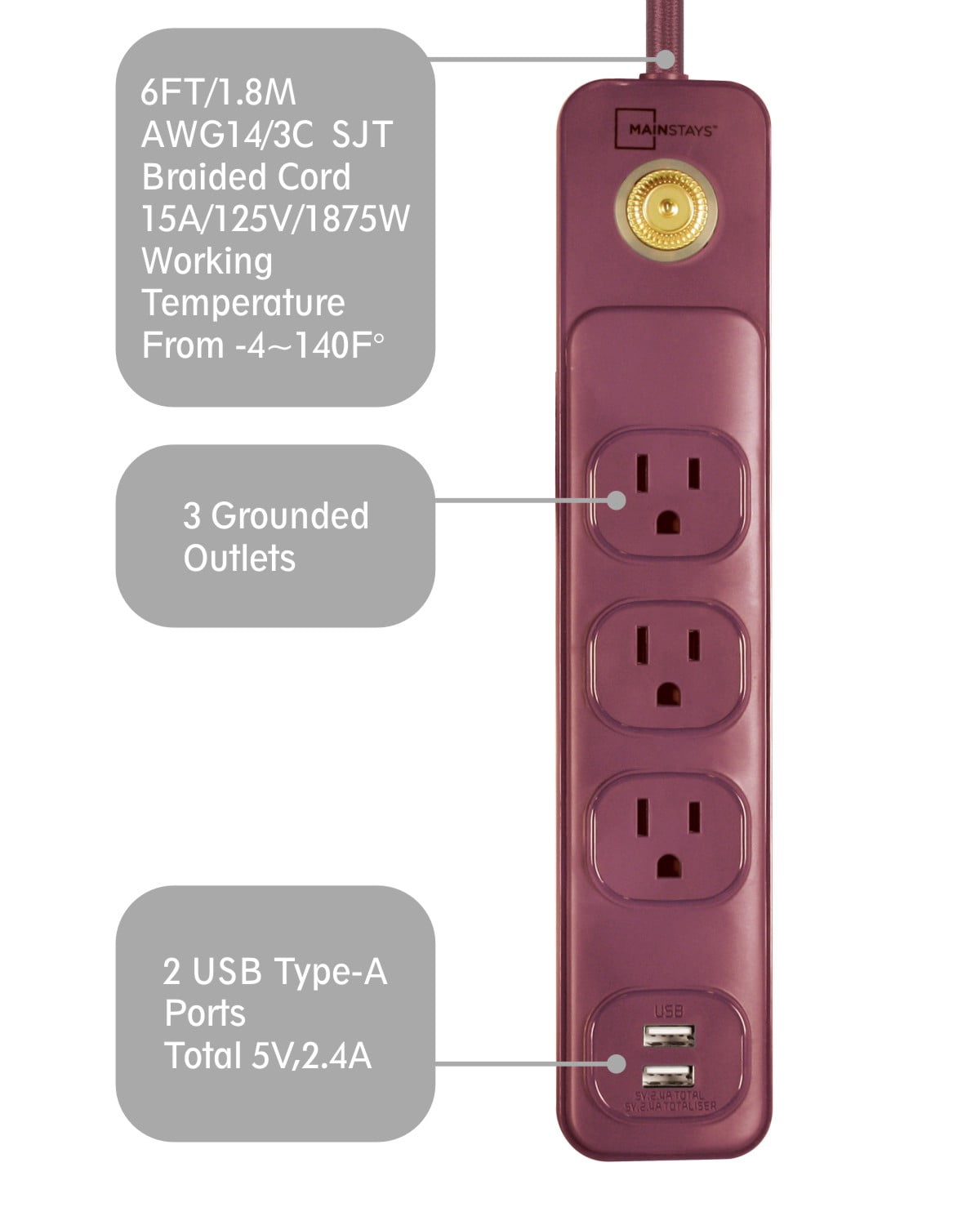 Mainstays 6' 14/3 SJT 3-Outlet Red Burgundy Retro Design Power Strip W/ 2 USB Ports
