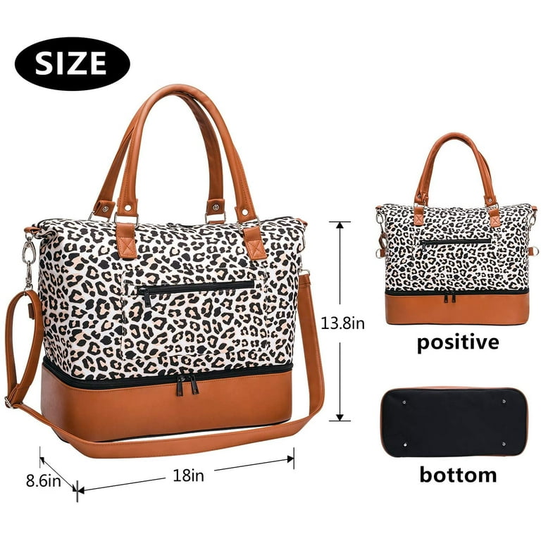 Women PU Leather Leopard Weekender Duffle Bag White Cheetah Duffle Tote  Larege Travel Bag with Shoulder Strap For Travel Holiday