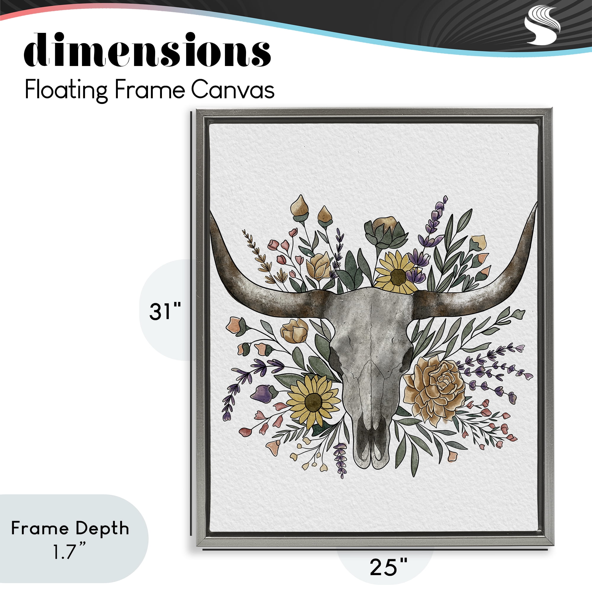 Stupell Industries Boho Wildflower Longhorn Gray Framed Floater Canvas Wall Art, design by Alisha Kiara Design