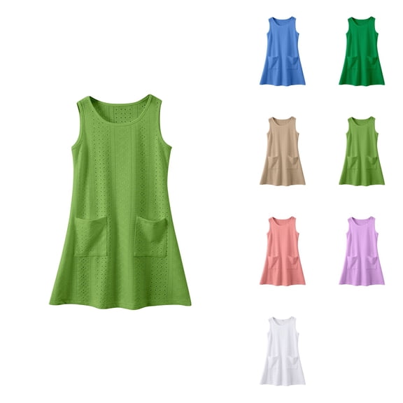 Girls' Summer Boho Tie-Shoulder Sleeveless Midi Tiered Dress with Pockets – Solid Casual Outfit for Toddlers & Kids 3-14Y, Elegant Comfortable Daily Wear Party Dress, Soft Lightweight Fabric