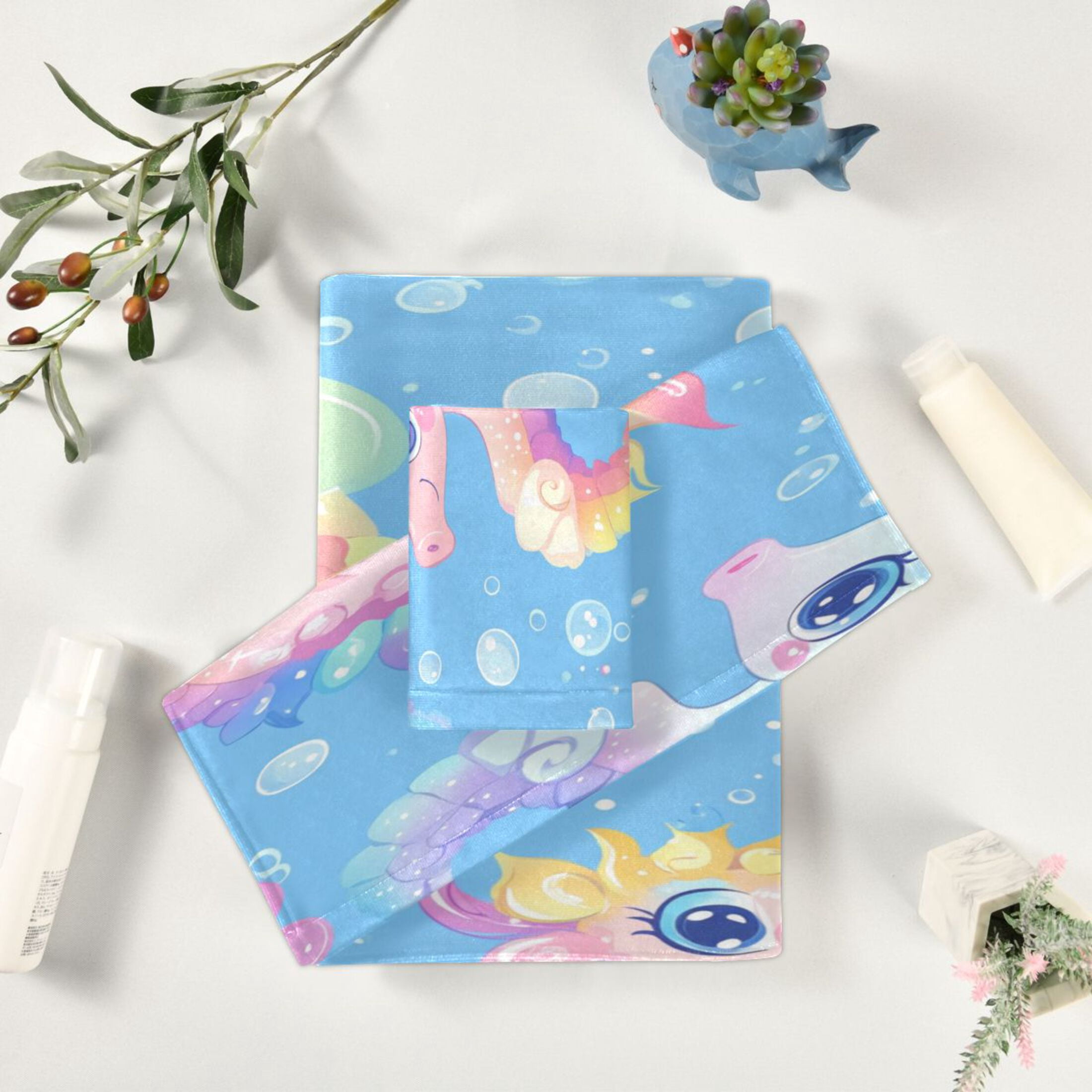 WOBOGO Pattern Featuring Cute Baby Seahorses Ultra Soft 3 Pack Cotton Towel Set for Everyday Use Lightweight and Compact