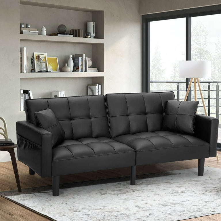 AVAWING Futon Sofa Bed Recliner Sofa Faux Leather Couches for Living Room Modern Tufted Convertible Sofa Bed with 2 Pillows Black