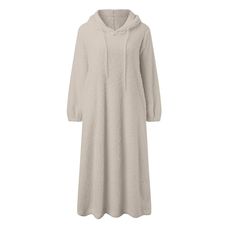 Cuzibr Women Sweater Dress Solid Color Fuzzy Thick Warm Hoodies Oversized Loose Midi Dress Long Sleeve Pocket Winter Fall Hooded Plush Maxi Long