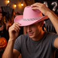 thumbnail image 7 of Women's Western Cowboy Hat Rhinestone Cowboy Cowgirl Hat Glitter Wide Brim Felt Fedora Hats Unisex Rolled up Caps Pink One Size, 7 of 7