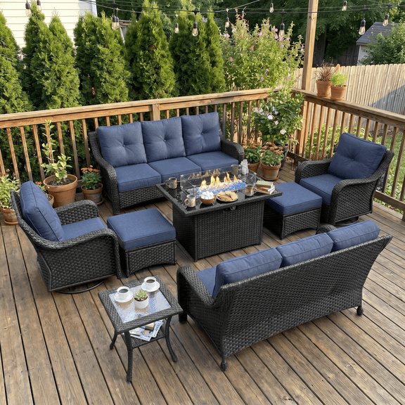 LayinSun 8 Pieces Patio Furniture Sets with Fire Pit Table, Outdoor Wicker Conversation Set with Swivel Chairs and 6" Thick Cushion for Deck Garden Backyard