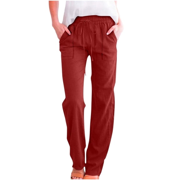 Linen Pants Women Summer 2026 Casual High Waisted Drawstring Pant Cotton Straight Wide Leg Lounge Trousers with Pockets
