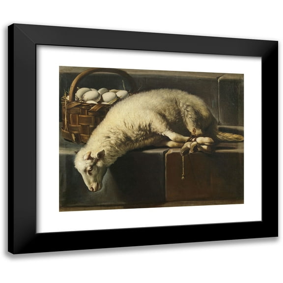 Giovanni Battista Recco 14x12 Black Modern Framed Museum Art Print Titled - A Ligated Lamb Besides a Basket of Eggs, an Allegory of Easter