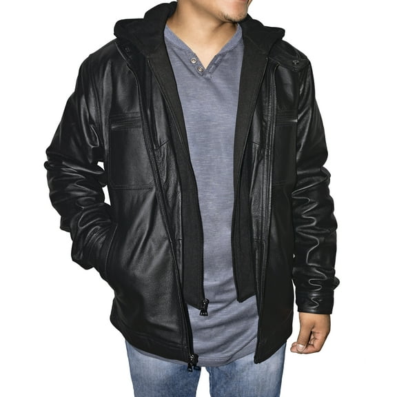 Victory Outfitters Men's Zip Out Removable Hood Genuine Leather Jacket - Black - S