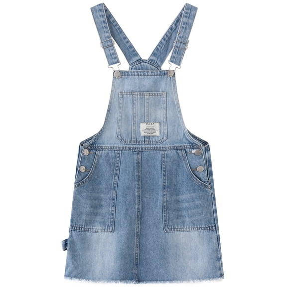 KIDSCOOL SPACE Trendy Washed Girls Denim Overall Dress, Raw Frayed Hem Jean Pinafore Dress with Hammer Loop, Light Blue,12-13 Years