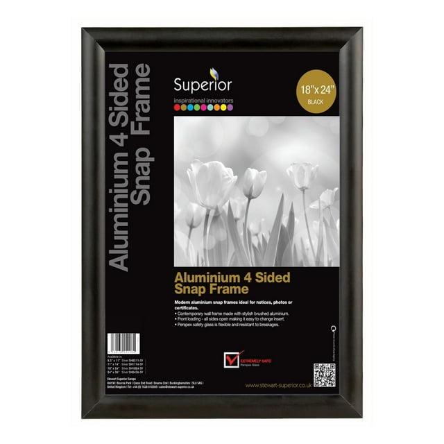 SECO Snap Poster Frame Case, 18 x 24 Inches, Black, a black anodized aluminum snap frame with a 25mm profile and four-sided hinged front-loading design for quick poster changes, includes mounting hardware and UV resistant anti-glare PVC cover, suitable for notices, workplace posters, or artwork display.