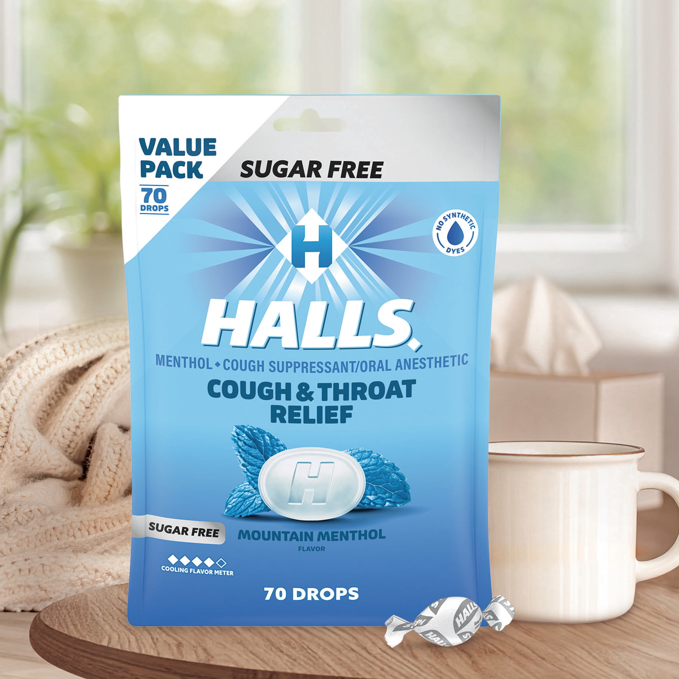 HALLS Cough and Throat Relief Mountain Menthol Sugar Free Cough Drops, Value Pack, 70 Drops