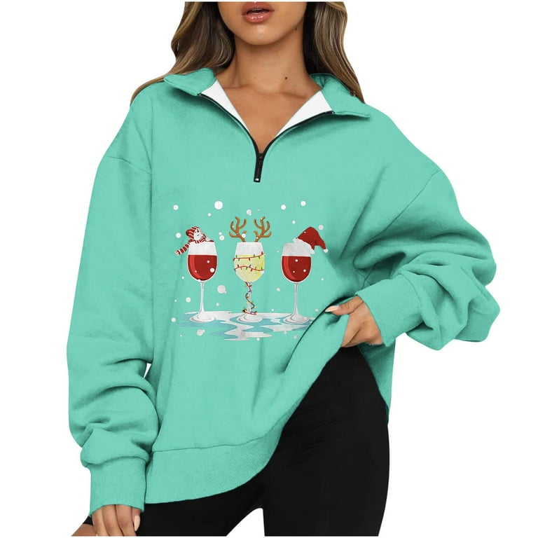 Jacenvly Sweatshirts For Women Clearance Long Sleeve Christmas Hat Print  Lapel Half Zip Pullover Women Casual Fashion Soft Comfort Womens Fall Tops  