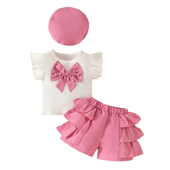 XMMSWDLA Solid Color Toddler Outfits Summer Toddler Girl Clothes Bow Flutter Sleeve Tops + Ruffled Shorts + Beret Clothes Set Red Children’s Holiday Dress Outfits