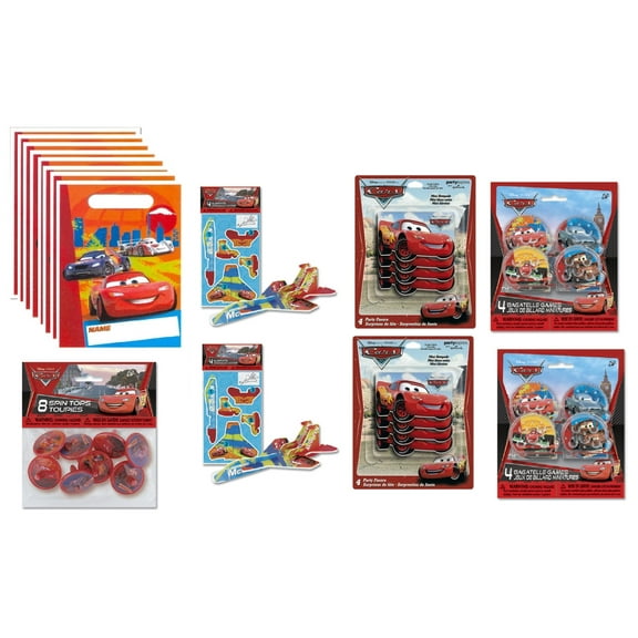 Disney Cars Birthday Party Supplies Bundle includes 8 Loot Bags, 8 Spin Tops, 8 Note Pads, 8 Foam Glidders, 8 Bagettelle Games
