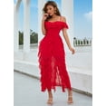thumbnail image 3 of EILLY BAZAR Women's Cold Shoulder Layered Ruffle Trim Split Thigh Dress Scarlet Sizes From XS To XL, 3 of 4