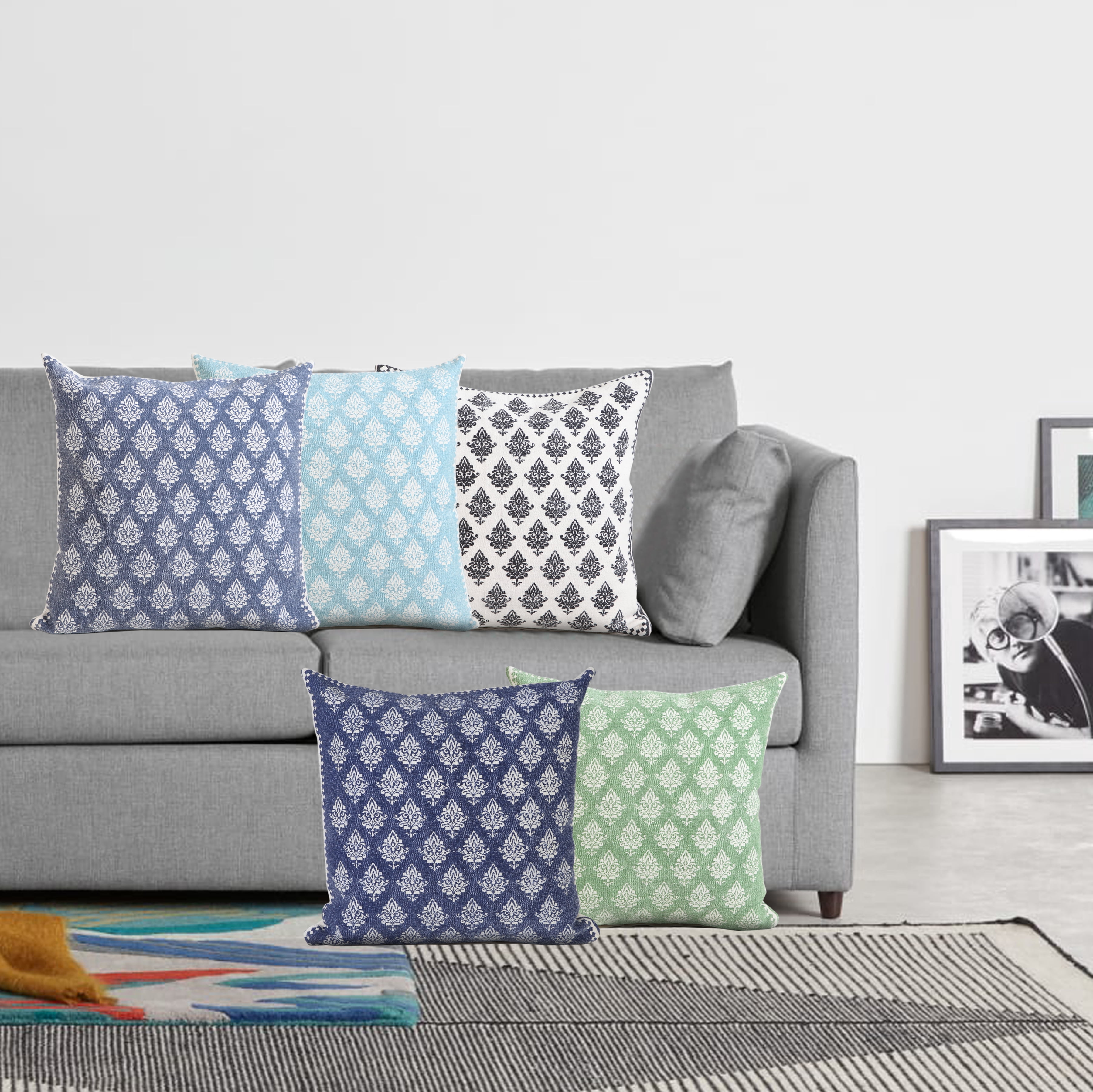 Elm & Oak Grace 20" x 20" Light Blue/White Damask Cotton Adult Decorative Throw Pillow