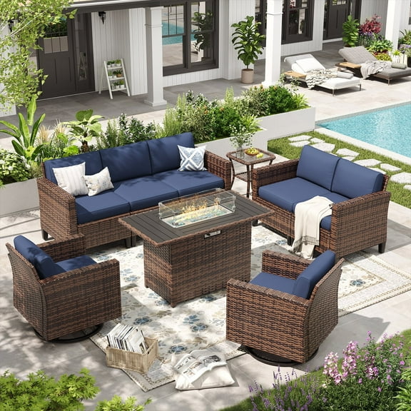 ELPOSUN Patio Furniture 9 Pieces Wicker Outdoor Sectional Sofa Sets, Rattan Conversation Set with Fire Pit Table, Swivel Chairs for Backyard, Pool, Beige/Navy Blue/Grey(Include Waterproof Covers )