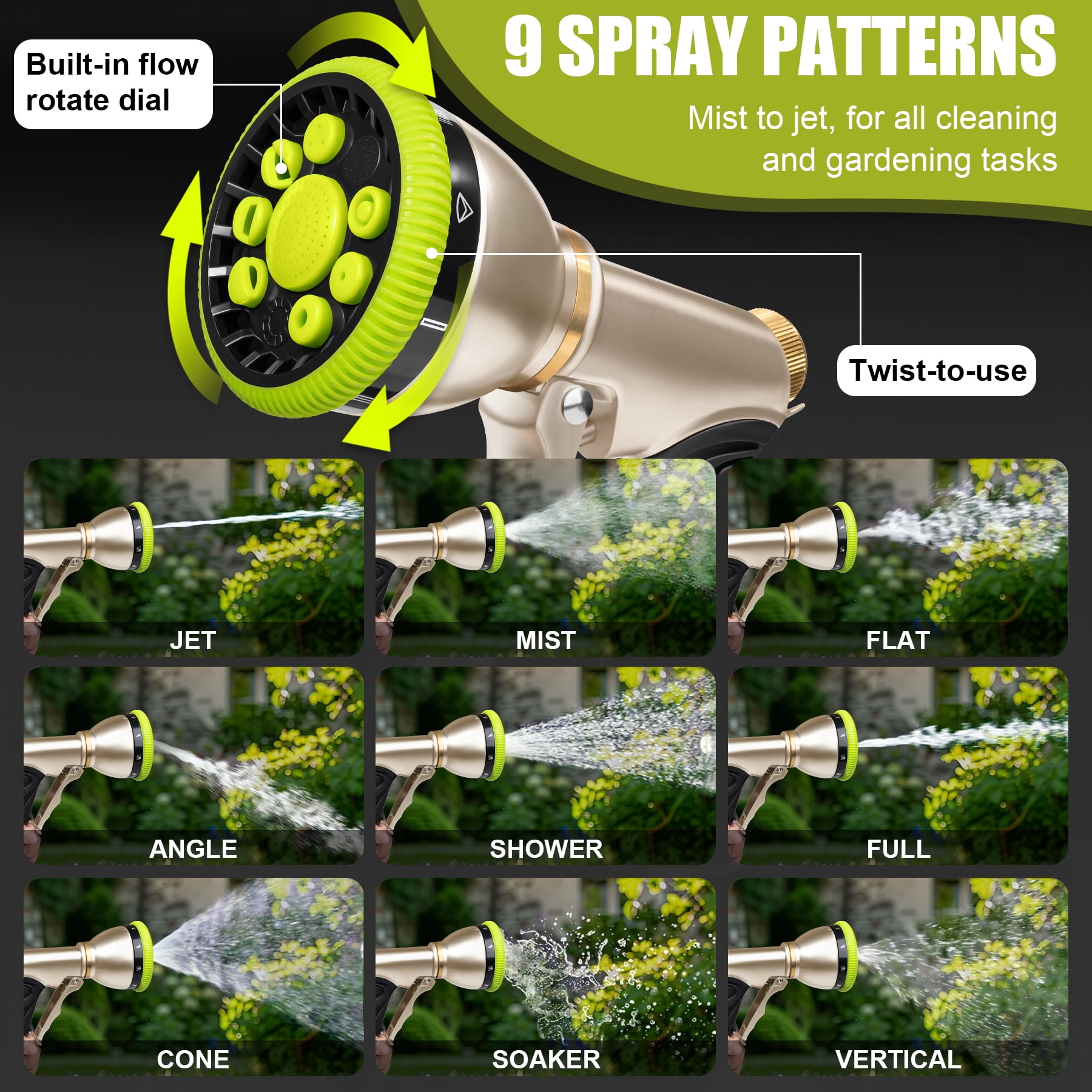 WEXLYN 9-Pattern Hose Sprayer Nozzle, Heavy Duty Metal, High Pressure for Watering Plants, Lawns, Car and Pet Washing Adjustable Flow, Green
