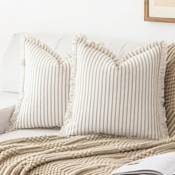 Skodaer 2 Pack Boho Decorative Throw Pillow Covers with Fring Tassel Chic Striped Pillow Case,20"x20",Khaki