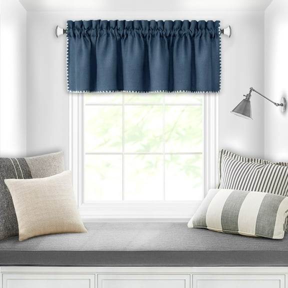 Achim Kendal Solid Rod Pocket Light Filtering Curtain Valance, Blue/White, 58" x 14"