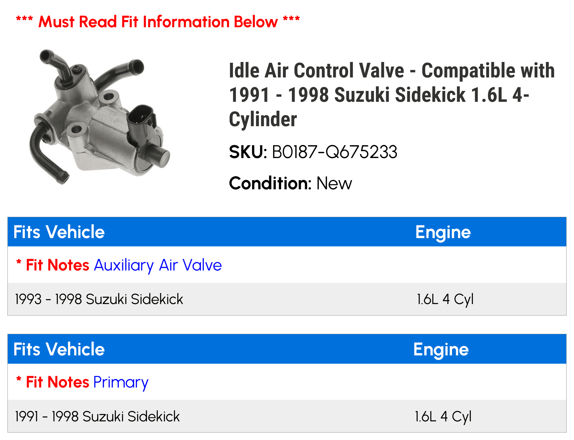 Idle Air Control Valve - Compatible with 1991 - 1998 Suzuki Sidekick 1.6L 4-Cylinder 1992 1993 1994 1995 1996 1997