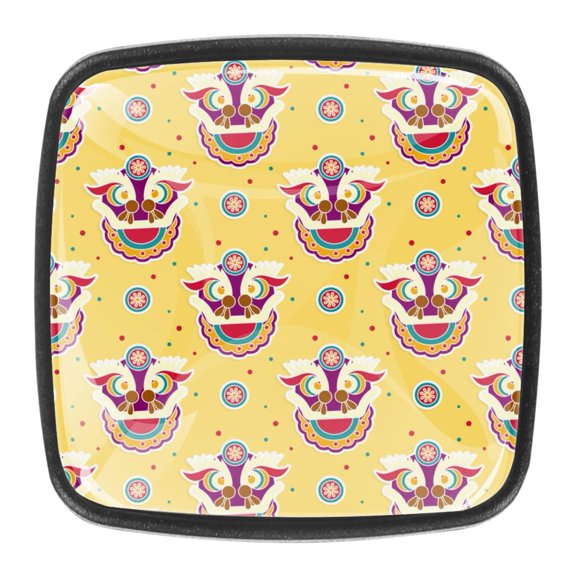 4 Pcs Square Cabinet Handle Cupboard Knob Drawer Pulls Handle Funny Lion Dance Drawer Knobs with Screws Furniture Decoration