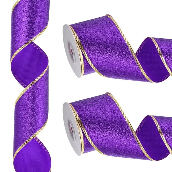 20 Yards x 2.5" Christmas Ribbon Metallic Wired Ribbon Shine Gift Wrapping Ribbon for Craft Birthday Wedding Festival Decoration, Purple Gold