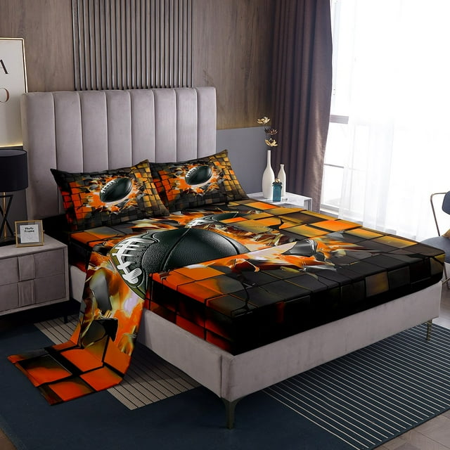 Erosebridal American Football Sheet Set King, Rugby Sports Bedding Sets King Size, Geometric Room Decor, 4-piece