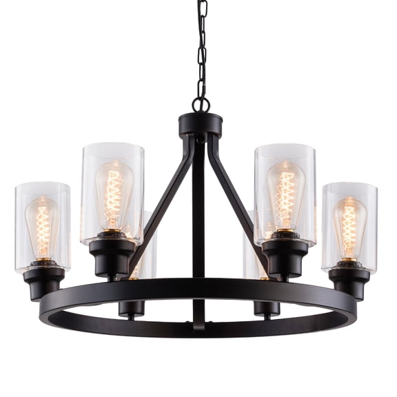 UHG 6-Light Black Wheel Chandelier with Glass Shade, Farmhouse Flush Mount Ceiling Light Fixture for Dining&Living Room Entryway, Vintage Metal Pendant Lighting for Bedroom Hallway Kitchen