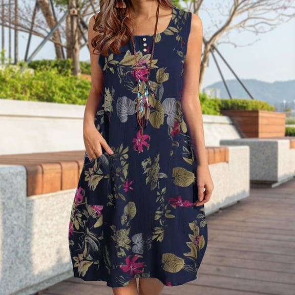 Plus Size Dresses for Curvy Women Floral Print Sleeveless Sundress Beach Casual Loose Womens Dress Blue L