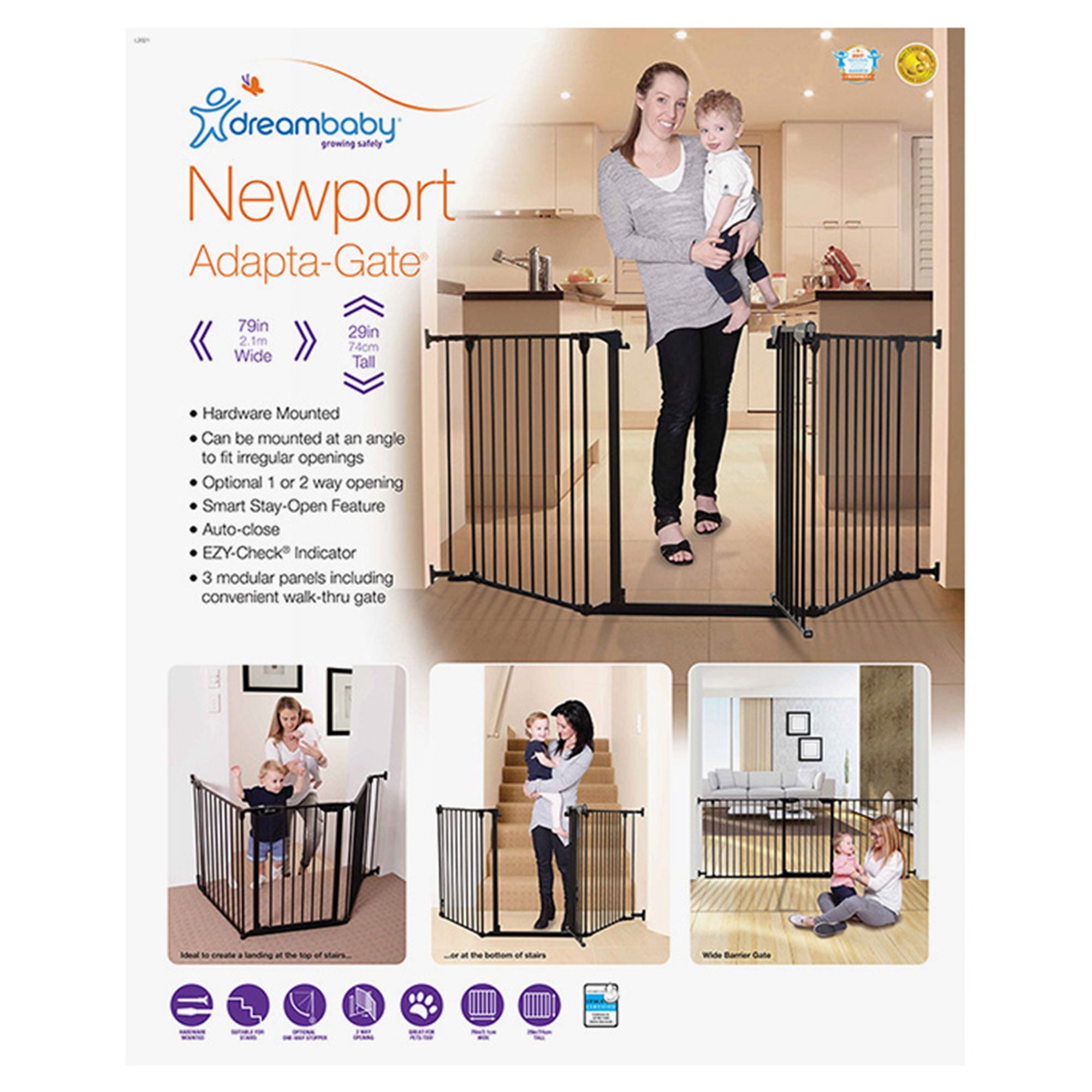 Dreambaby Denver 3 Panel Adapta-Gate - Veiligheidshekje 85,5-200 Cm Zwart