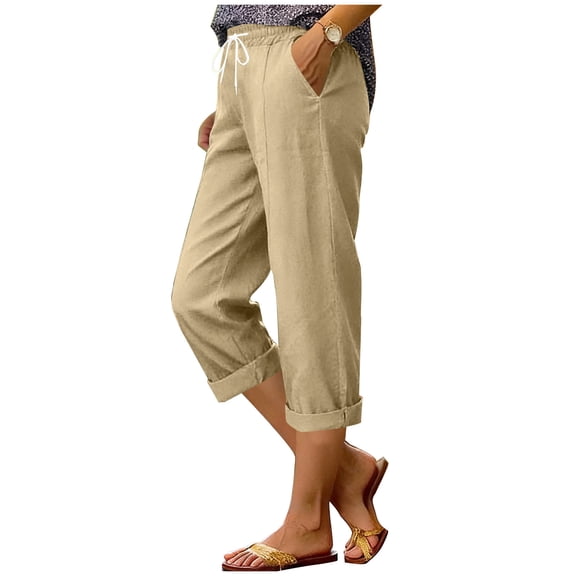 Capri Pants for Women with Pockets Cotton Linen Cropped Pants Casual Summer Loose Fit Straight Leg 3/4 Length Trousers, Khaki, XXL