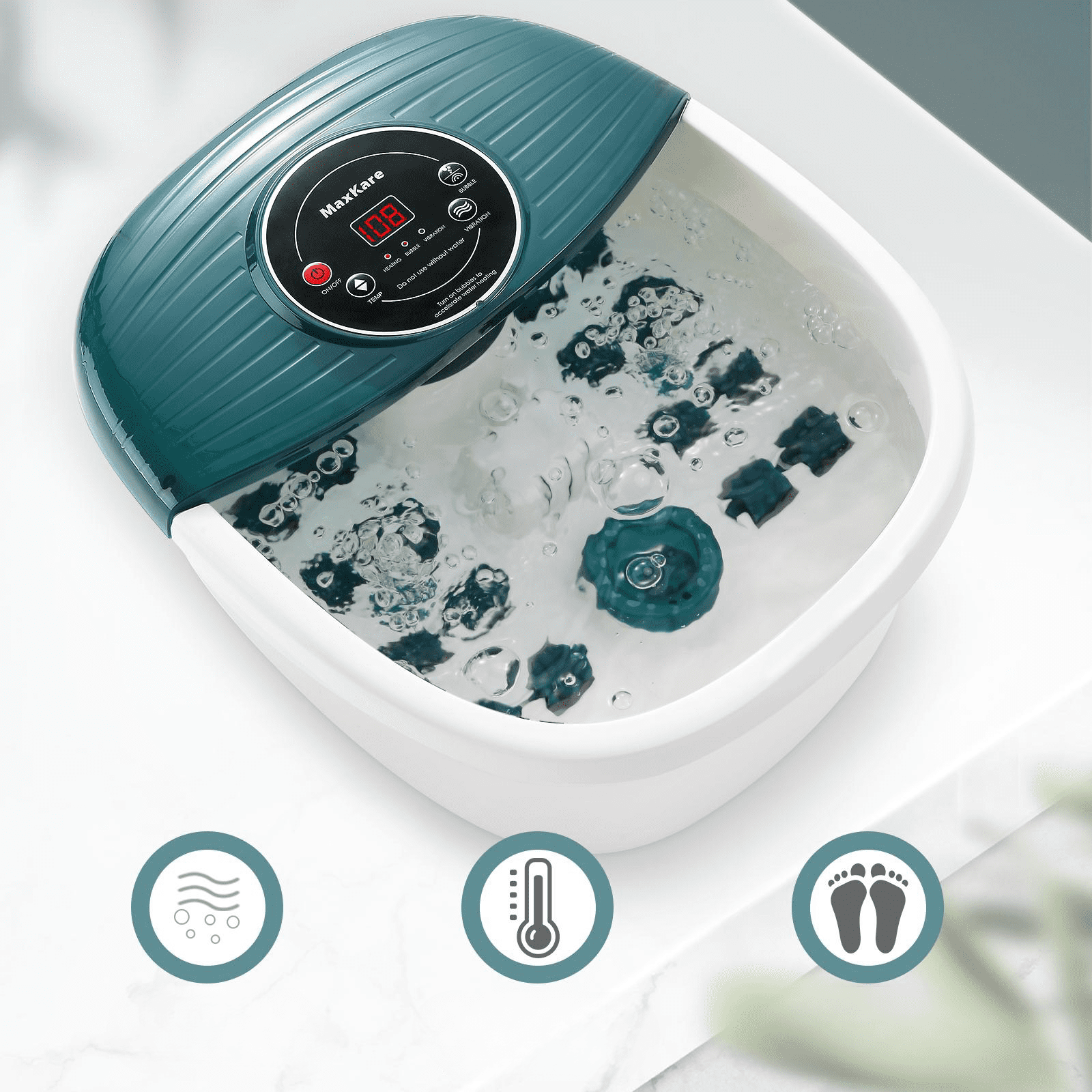 MaxKare Foot Soak Spa Bath Massager with Heat, Bubbles, and Vibration, Digital Temperature Control, 16 Detachable Massage Rollers, Soothe and Comfort Feet - Green