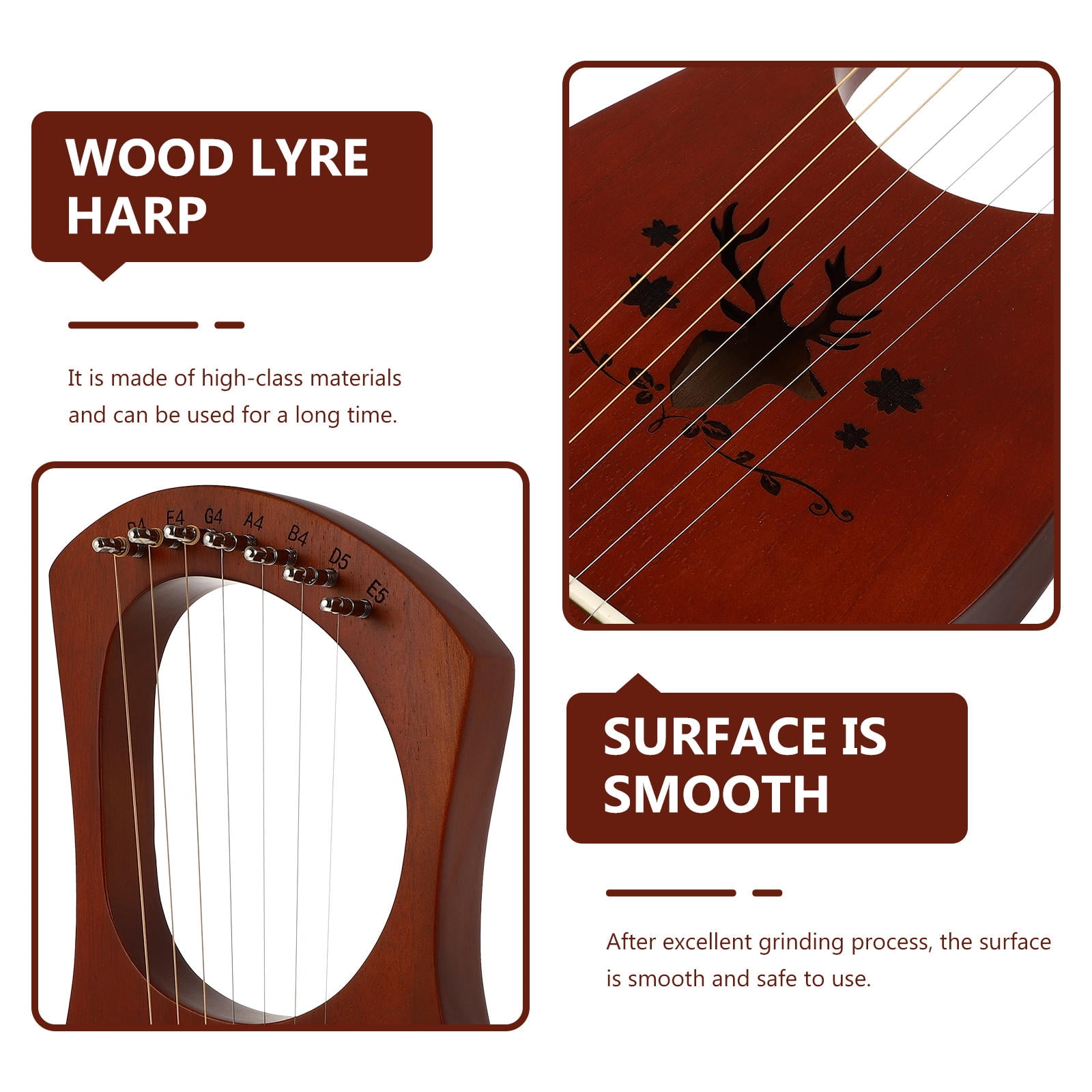 BESTYASH 7-String Wooden Handheld Harp Musical Instrument with Smooth Coffee Finish and Ancient Style Design, 1 Set