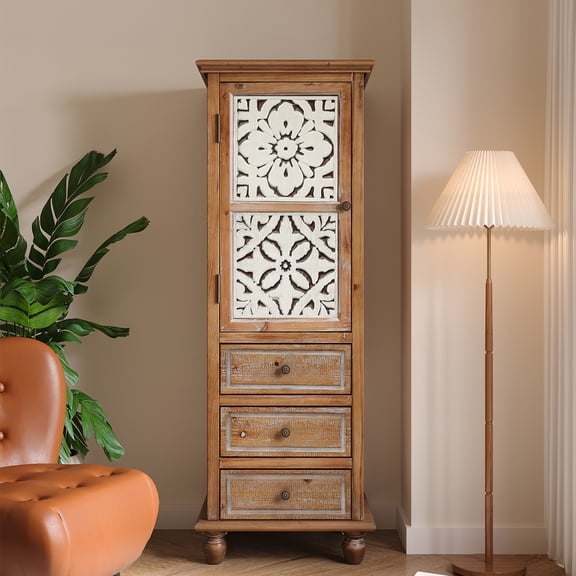 Leumius Rustic Wooden Storage Cabinet with Decorative Cutout Door & 3 Drawers, Tall Narrow Organizer for Living Room, Bedroom